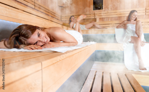 Women pursuing healthy lifestyles relaxing in sauna