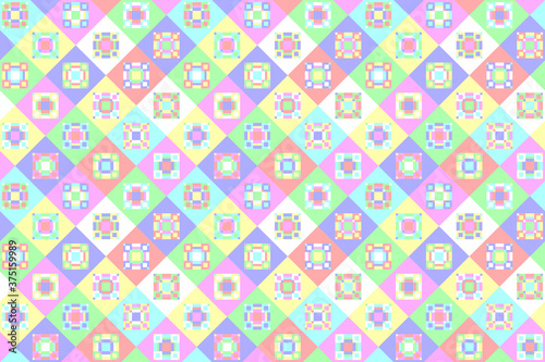 Bright geometric seamless pattern with diamonds and stripes. Colorful mosaic kaleidoscope in pastel colors. Stock illustration for web and print, backgound, wallpaper, wrapping paper, textile