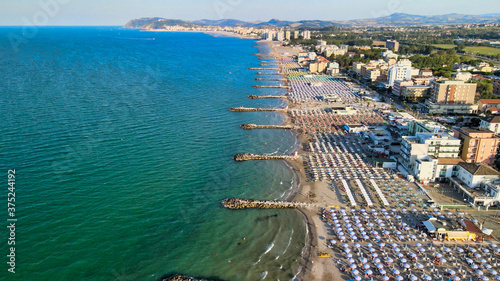 Aerial view of Misano Adriatico Beach from drone in summer season, Italy