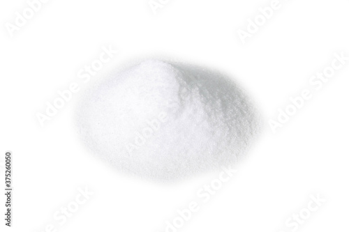Heap of erythritol isolated on white background. Front views. Sugar substitute on white background. Wooden bowl of erythritis isolated on white background