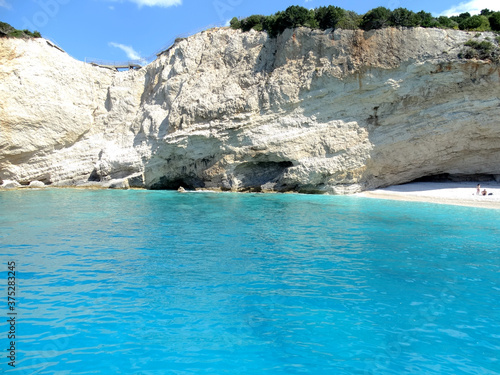 Panoramic view of Porto Katsiki beach in Ionian sea in western Greece. Tourists visit western Greek island for its natural mountainous and Ionian seascape.