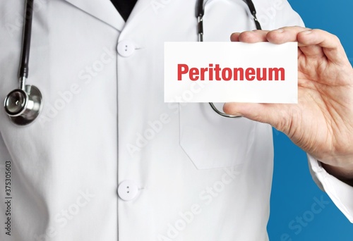 Peritoneum. Doctor holds a business card in his hand. Text is on the sign. Close up.