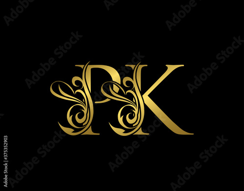 Golden P, K and PK Luxury Letter Logo Icon. Graceful royal style. Luxury alphabet arts logo.