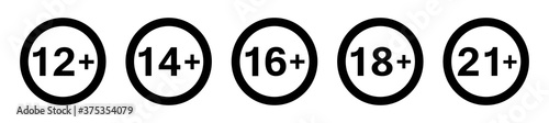Set of under 18 not allowed sign, number eighteen in red crossed circle