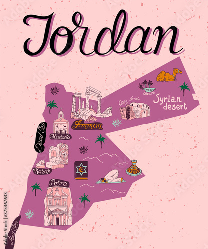 Illustrated map of attractions of Jordan. Culture and national color of the country