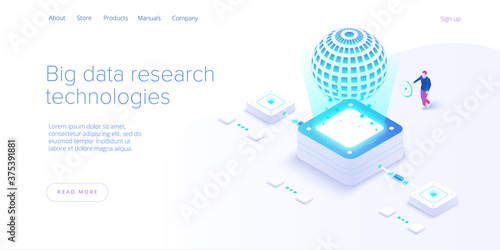 Big data technology in isometric vector illustration. Information storage and analysis system. Digital technology website landing page template.