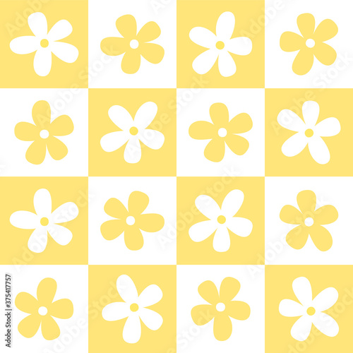 Yellow & White Flower Seamless Pattern with Caro Background