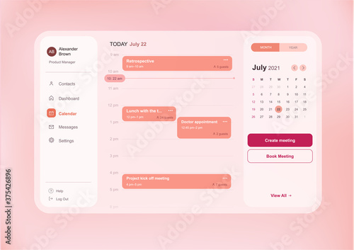 Modern web interface of calendar dashboard with time and meetings schedule and side menu, light pink color scheme