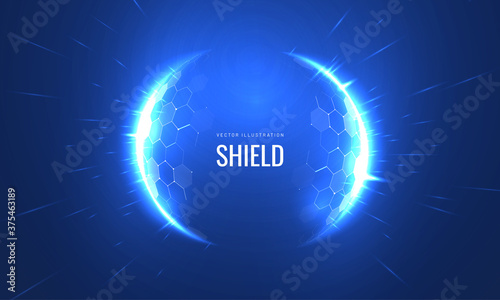 Bubble shield futurictic vector illustration on a blue background. Dome geometric in the form of an energy shield in an abstract glowing style. Cover concept in technological game style