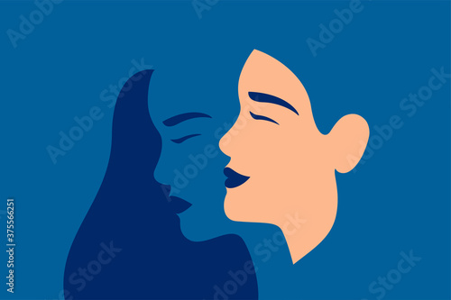 Young woman suffering from bipolar disorder, psychological diseases, schizophrenia. Happy young woman with and her ghostly sad twin behind. Concept of Bipolar disorder. Flat vector illustration.