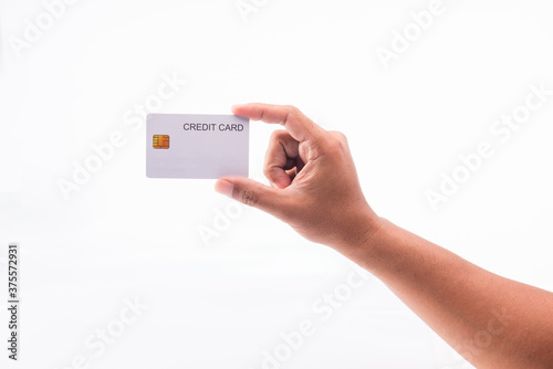  Man hand holding credit card for payment, isolated on white background, concept business, shopping