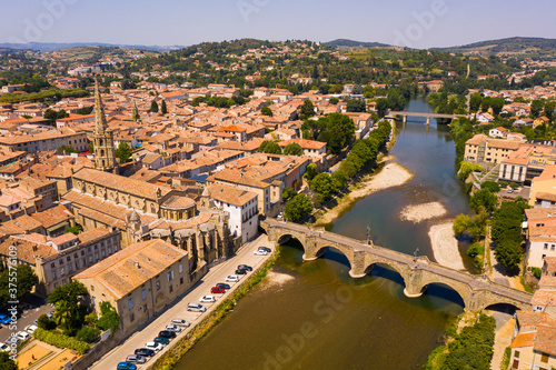 View from drone of Limoux commune in Aude department, southern France