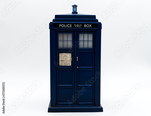 Police call box in front of white background. Tardis from Doctor Who. 