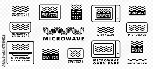 Microwaves flat linear icons set. Symbol for the safety of using cookware in a microwave oven. Label for the suitability of plastic utensils for safe heating and microwave cooking. Vector