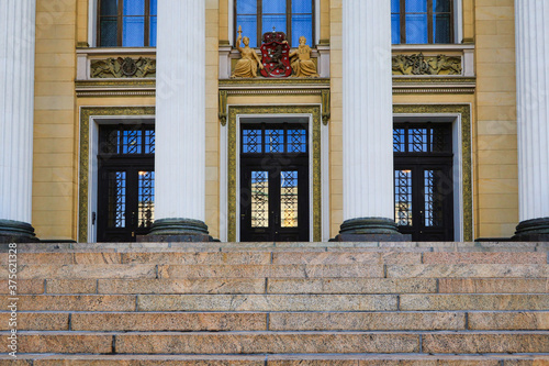 The House of the Estates , Helsinki Finland, Entrance. Owned by the state of Finland, The House of the Estates houses governmental meetings. 