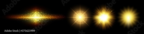 Golden line and sunburst with light effects. Isolated on black background. Bursting rays sunrise firework starburst blast burst sunset starlight ray radiant spark. Vector yellow shimmer ray.