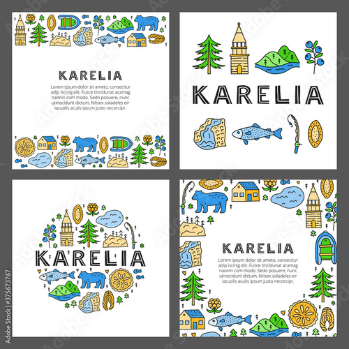 Set of cards with lettering and doodle colored Karelia icons including lake, waterfall, rocks, bell tower of Kizhi, pie, boat, cranberry, cloudberry, trout fish, bear isolated on grey background.