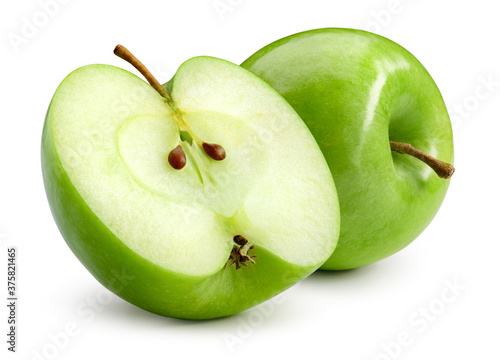 Green apple isolate. Green apples on white background. Whole and a half of green apple with clipping path.