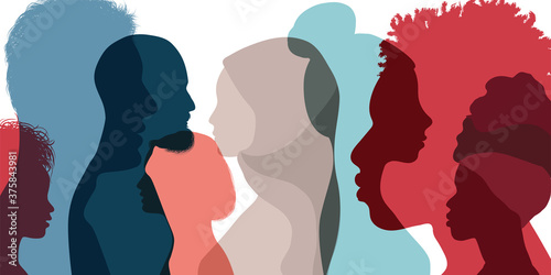 Silhouette profile group of men and women of diverse culture. Diversity multi-ethnic and multiracial people. Concept of racial equality and anti-racism. Multicultural society. Friendship