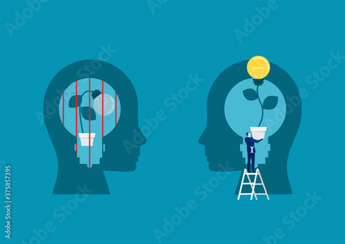 businessman holding light bulb for put think growth mindset different fixed mindset concept vector