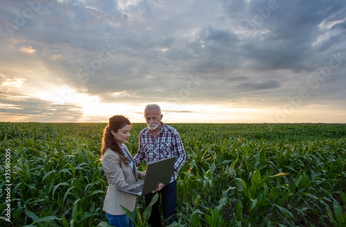 Business woman and senior farmer with laptop in field