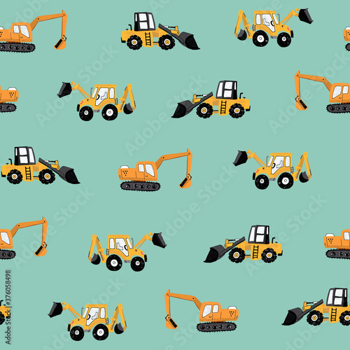 Construction machines building hand drawn doodle cartoon vector seamless pattern