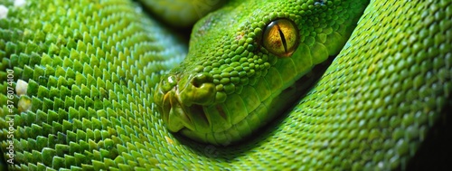 A body of the green tree python Morelia viridis close-up. Portrait art. Snake skin, natural texture, abstract, graphic resources. Environmental conservation, wildlife, zoology, herpetology