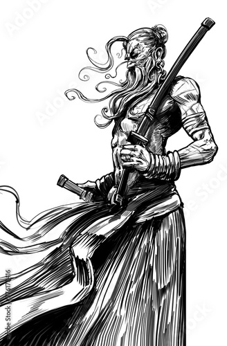 An old samurai grandfather with a katana proudly stands in the wind with an open torso. 2D illustration.