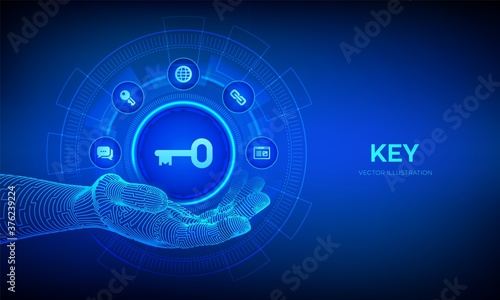 Key icon in robotic hand. Keyword. Key to success or solution. Turnkey solution and services technology concept on virtual screen. Vector illustration.