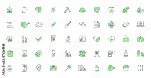 Cannabis Production and Shopping Product Icons, Growing. Vector.