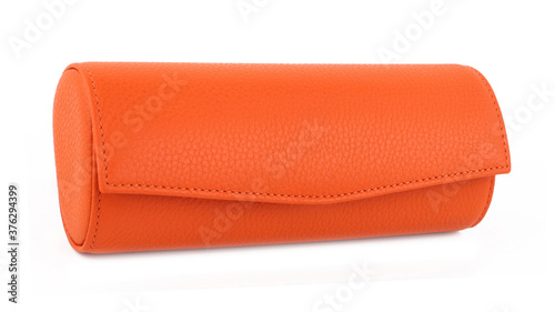 Closed new orange leather eyeglasses case