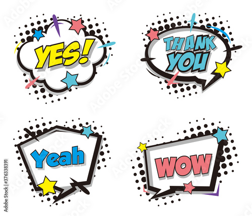 Comic burst text balloons flat icon collection. Cartoon smash and surprise speech bubbles vector illustration set. Expression and retro word effect concept