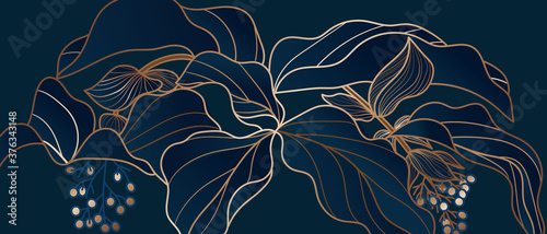 Floral seamless navy blue and copper metallic plant background vector for house deco