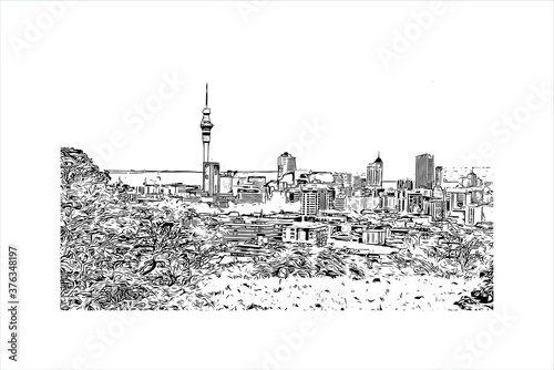 Building view with landmark of Auckland, based around 2 large harbours, is a major city in the north of New Zealand’s North Island. Hand drawn sketch illustration in vector.
