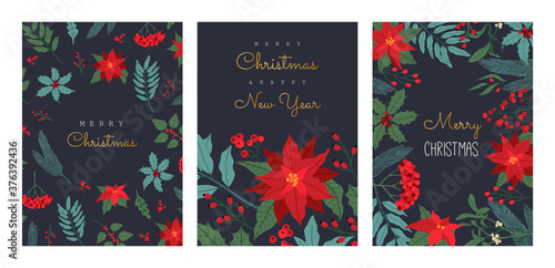 Set of Christmas greeting card, with winter plants, poinsettia, invitation for party, traditional symbol, horizontal frame. Vector illustration in flat cartoon style, isolated on dark blue background.