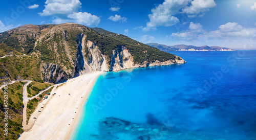 Panorama of the famous Myrtos beach with turquoise sea on the Ionian island of Kefalonia, Greece
