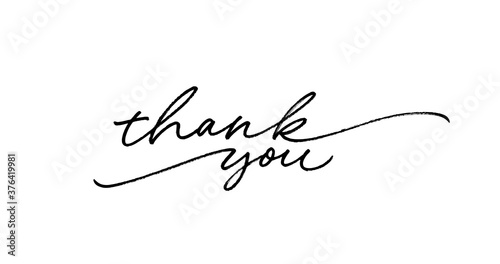 Thank you ink brush vector lettering. Thank you modern phrase handwritten vector calligraphy with swooshes. Black paint lettering isolated on white background. Postcard, greeting card, t shirt print.