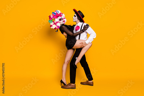 Full length body size view of his he her she nice glamorous desirable passionate romantic couple dancing tango festal occasion isolated bright vivid shine vibrant yellow color background