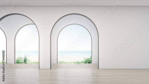 Wooden floor of empty room in modern house or luxury hotel. Elegance home interior 3d rendering with beach and sea view.