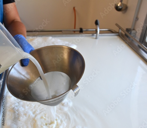 Cheesemaker pouring the natural rennet over the milk through a strainer.