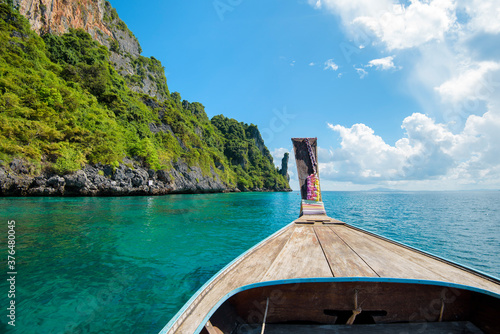 View of thai traditional longtail Boat over clear sea and sky in the sunny day, Phi phi Islands, Thailand
