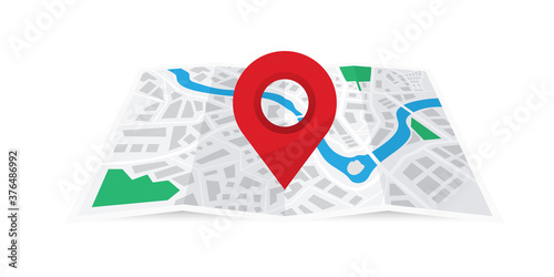 Folded paper city map with red pin. Map with navigation, geolocation. Finding the way concept. World map with point marker. Map Navigation. City map with GPS navigator