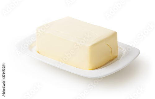 Fresh butter on white butter dish isolated on white background with clipping path