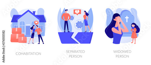 Living together abstract concept vector illustration set. Cohabitation, separated person, widowed person, common law relationship, divided couple, loss of partner, support group abstract metaphor.