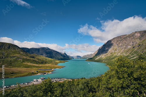 wiev of gjende lake ferry from the besseggen trail hike in the Jotunheimen national park norway mountains