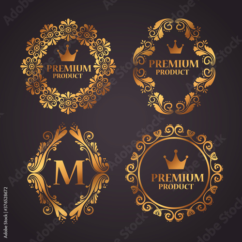 set labels with gold decorative luxury frames vector illustration design