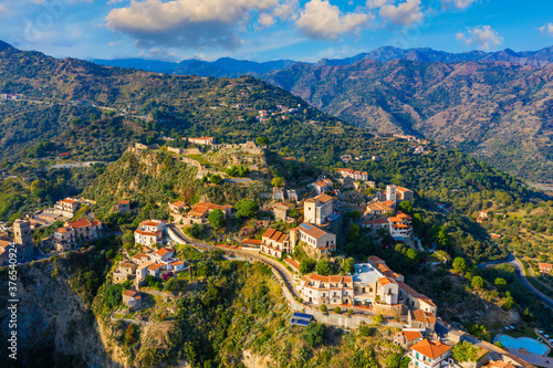 Aerial view of Savoca village in Sicily, Italy. Sicilian village Savoca (known from the Godfather movies). Houses on a hill in Savoca, small town on Sicily in Italy.