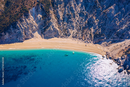 Famous Platia Ammos beach in Cephalonia (Kefalonia) island, Greece. Aerial view of Platia Ammos beach , one of famous beach in Kefalonia island in Greece.