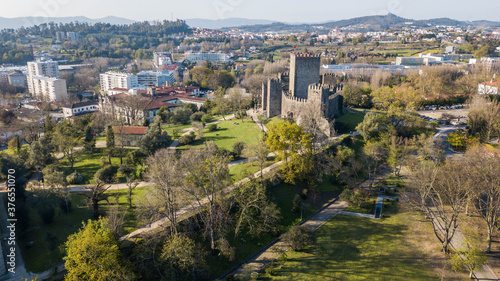 Aerial view of Guimarães castle, Portugal. Medieval stone castle in Guimarães