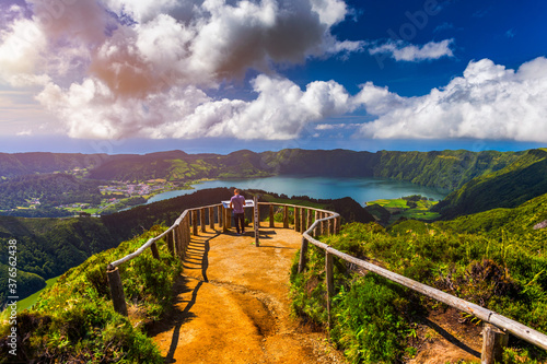 Beautiful view of Santiago Lake "Lagoa de Santiago " from Hell Mouth viewpoint "Miradouro Boca do Inferno" in São Miguel Island, Azores, Portugal. Lakes of Santiago and Sete Cidades, Azores, Portugal